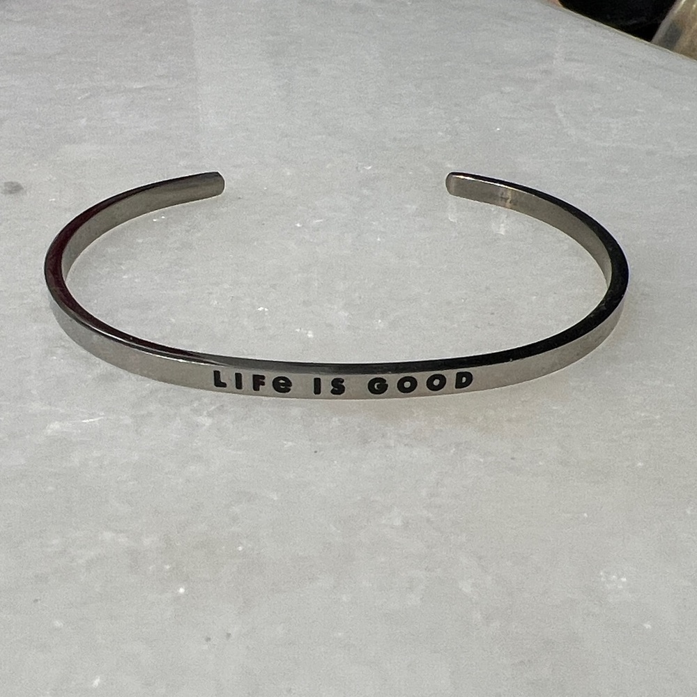 Mantraband Life Is Good Stainless Steel Cuff Bracelet Silver Minimalist Inspired